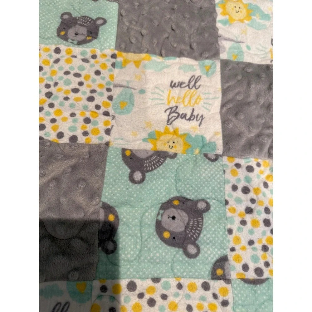 Patchwork Baby Blanket Quilt Squares Bear Lion Sun Nursery Decor Gift 44